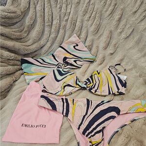 Emilio Pucci Pink Swirl Bikini Bottom with Navy & Yellow Accents & Long Pareo.